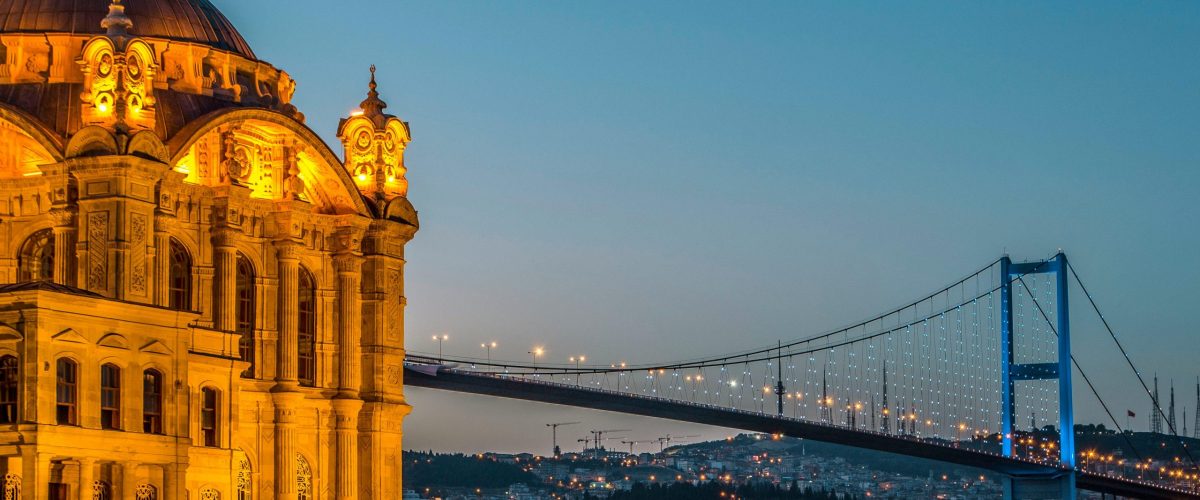 Illuminated Ortaköy Mosque and Bosphorus Bridge overlooking Istanbul's Bosphorus at dusk.